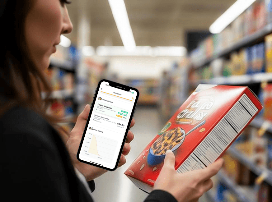 Beezly app surrounded by fresh groceries showing price comparison interface