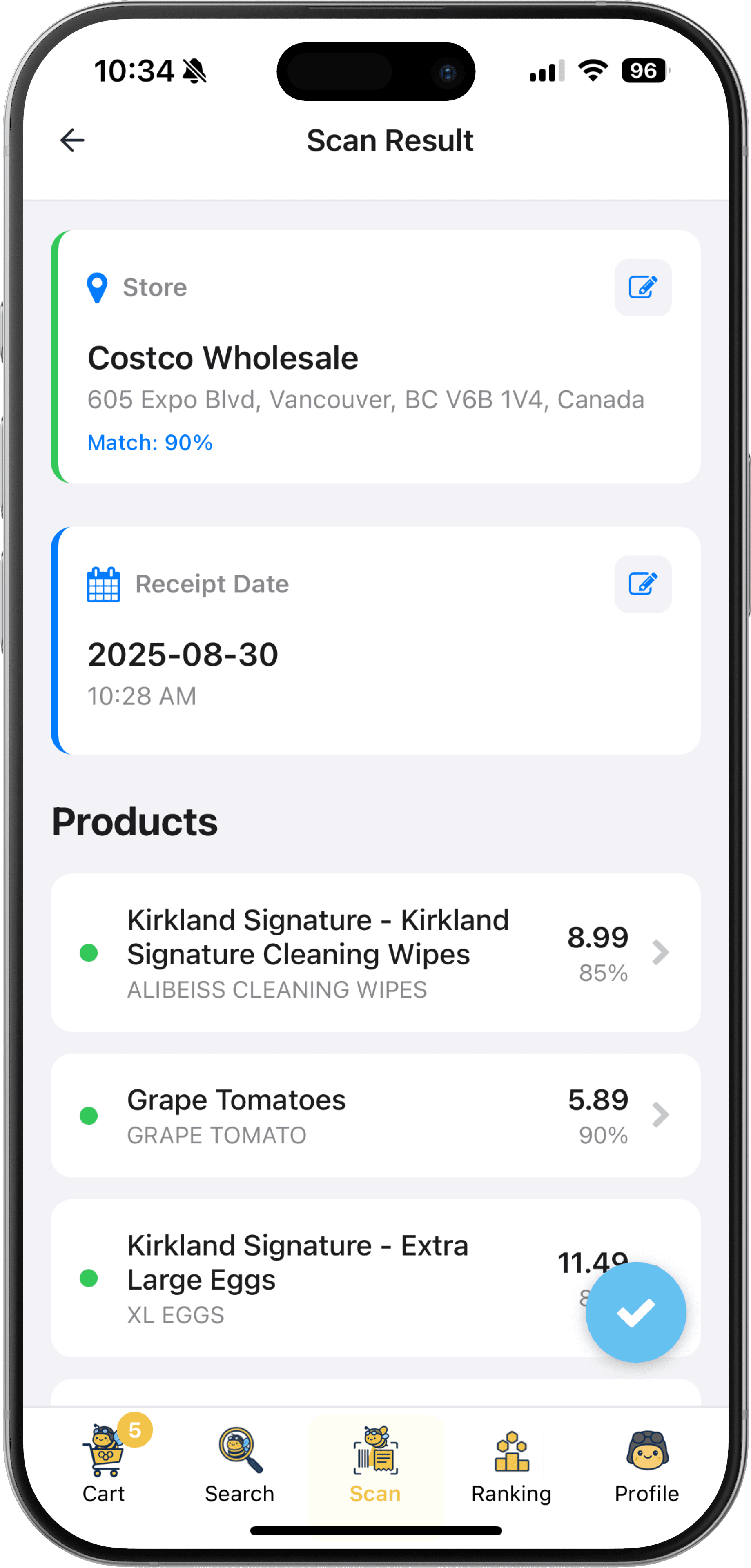 Processed receipt data in Beezly app